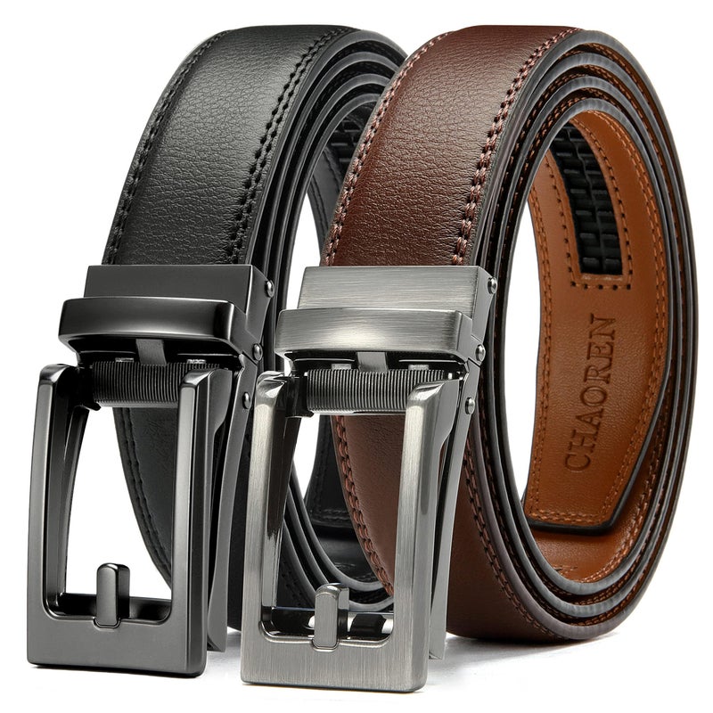 CHAOREN Men's 2 Pack Ratchet Dress Belt, 1 1/4" Black/Brown Leather, 36" to 42" Waist Adjustable - Image 1